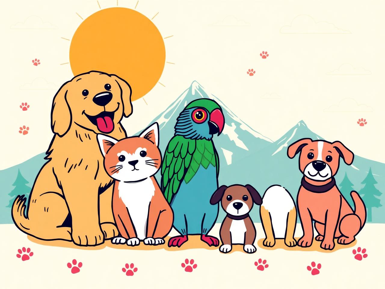 A happy mix of dogs, cat, parrot and rabbit illustrated in front of Idaho mountains